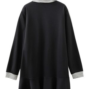 Women's Black Striped Cuffs Polo Collar Dress – Casual Long Sleeve Ruffle Hem Style for Daily Wear - Main View