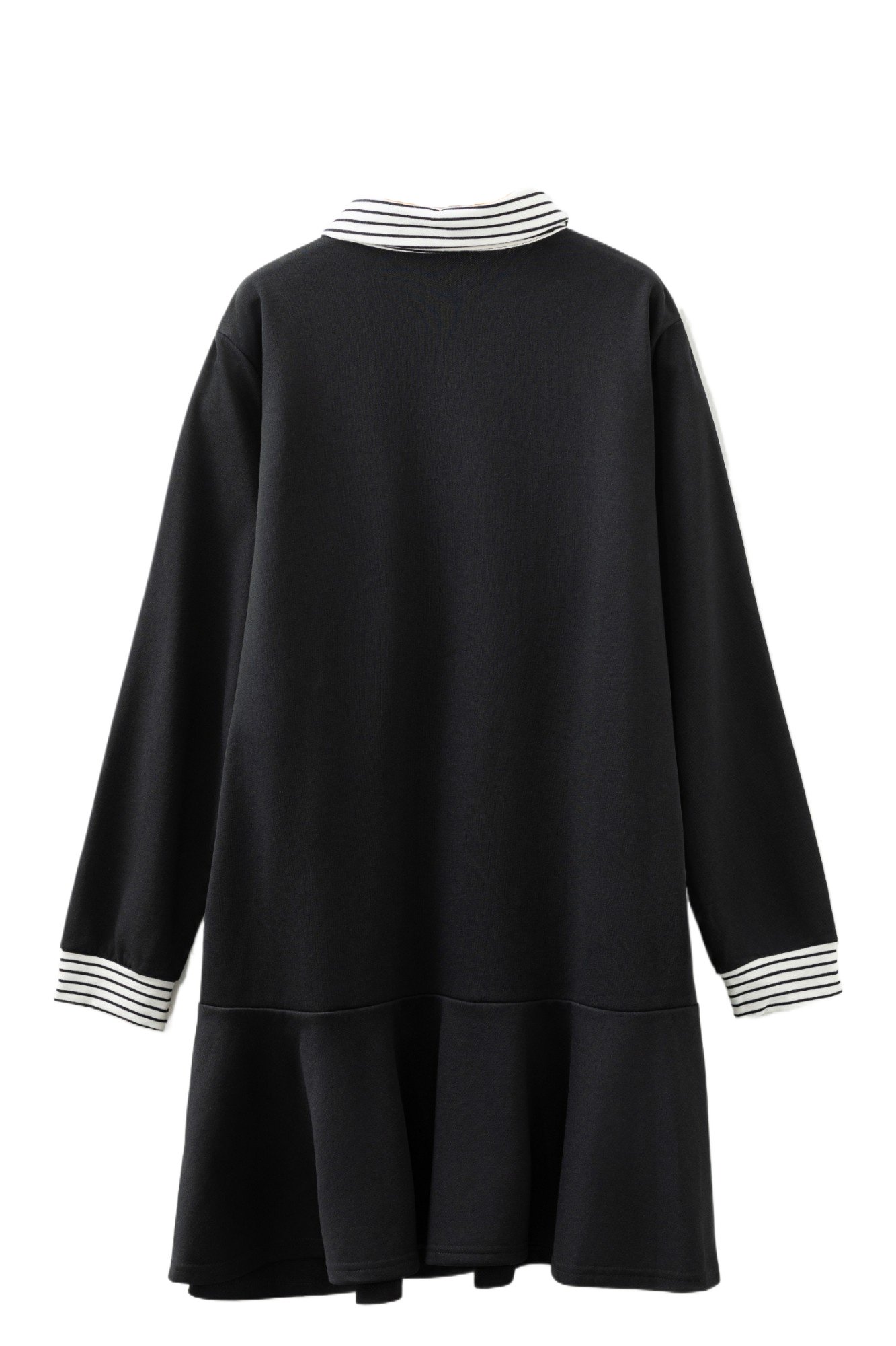 Women's Black Striped Cuffs Polo Collar Dress – Casual Long Sleeve Ruffle Hem Style for Daily Wear - Main View Women's Black Striped Cuffs Polo Collar Dress – Casual Long Sleeve Ruffle Hem Style for Daily Wear - Main View