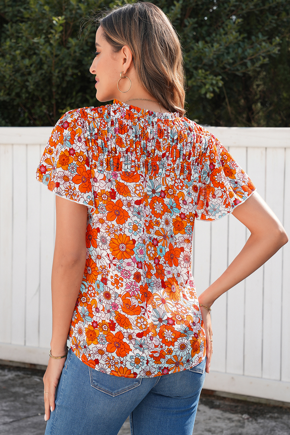 Casual Floral V-Neck Blouse – Women's Summer Pleated Top - Detail View 2 Casual Floral V-Neck Blouse – Women's Summer Pleated Top - Detail View 2