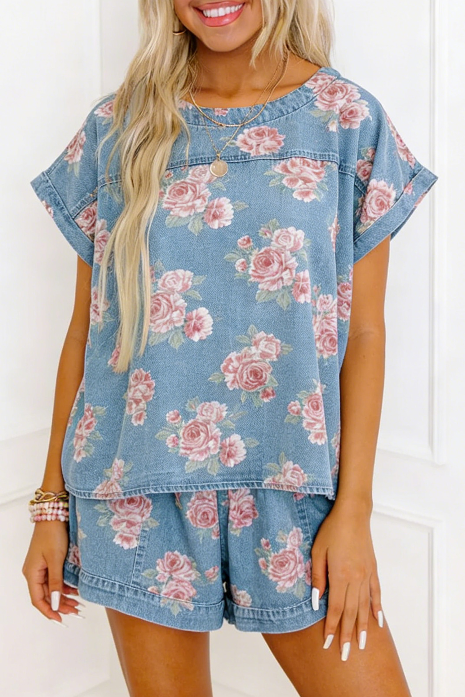 Sky Blue Floral Denim Women's Set – Relaxed Vacation Outfit - Detail View 5 Sky Blue Floral Denim Women's Set – Relaxed Vacation Outfit - Detail View 5