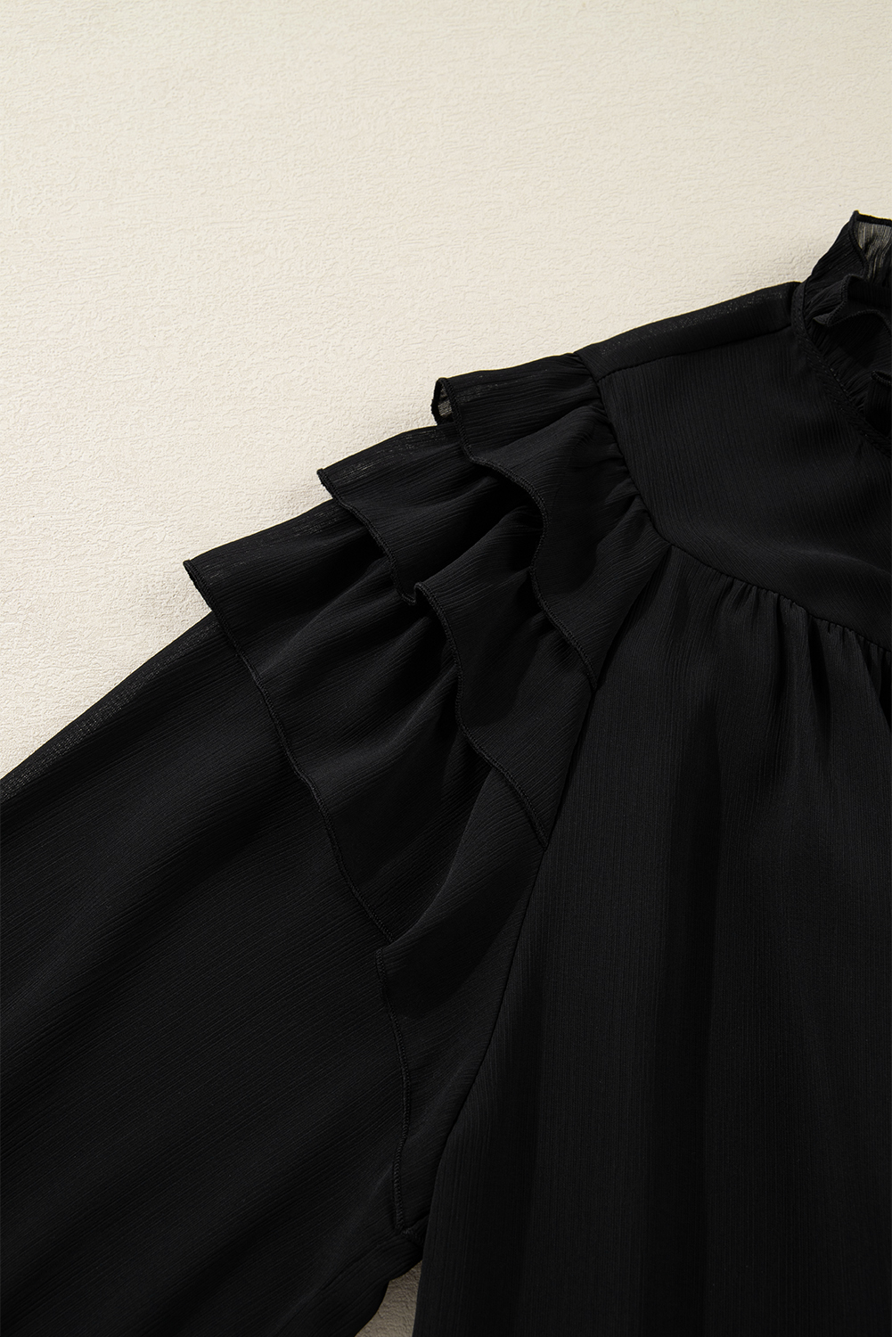 Women's Black Chiffon Plus Size Shirt with Ruffle Balloon Sleeves – Elegant Daily Wear - Detail View 16 Women's Black Chiffon Plus Size Shirt with Ruffle Balloon Sleeves – Elegant Daily Wear - Detail View 16