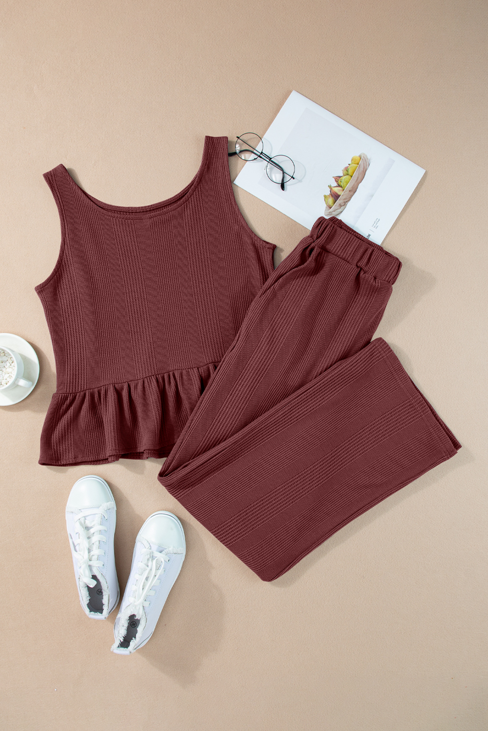 Women's Red Dahlia Ribbed Ruffle Tank Top and High Waist Pants Set - Casual Loungewear - Detail View 9 Women's Red Dahlia Ribbed Ruffle Tank Top and High Waist Pants Set - Casual Loungewear - Detail View 9