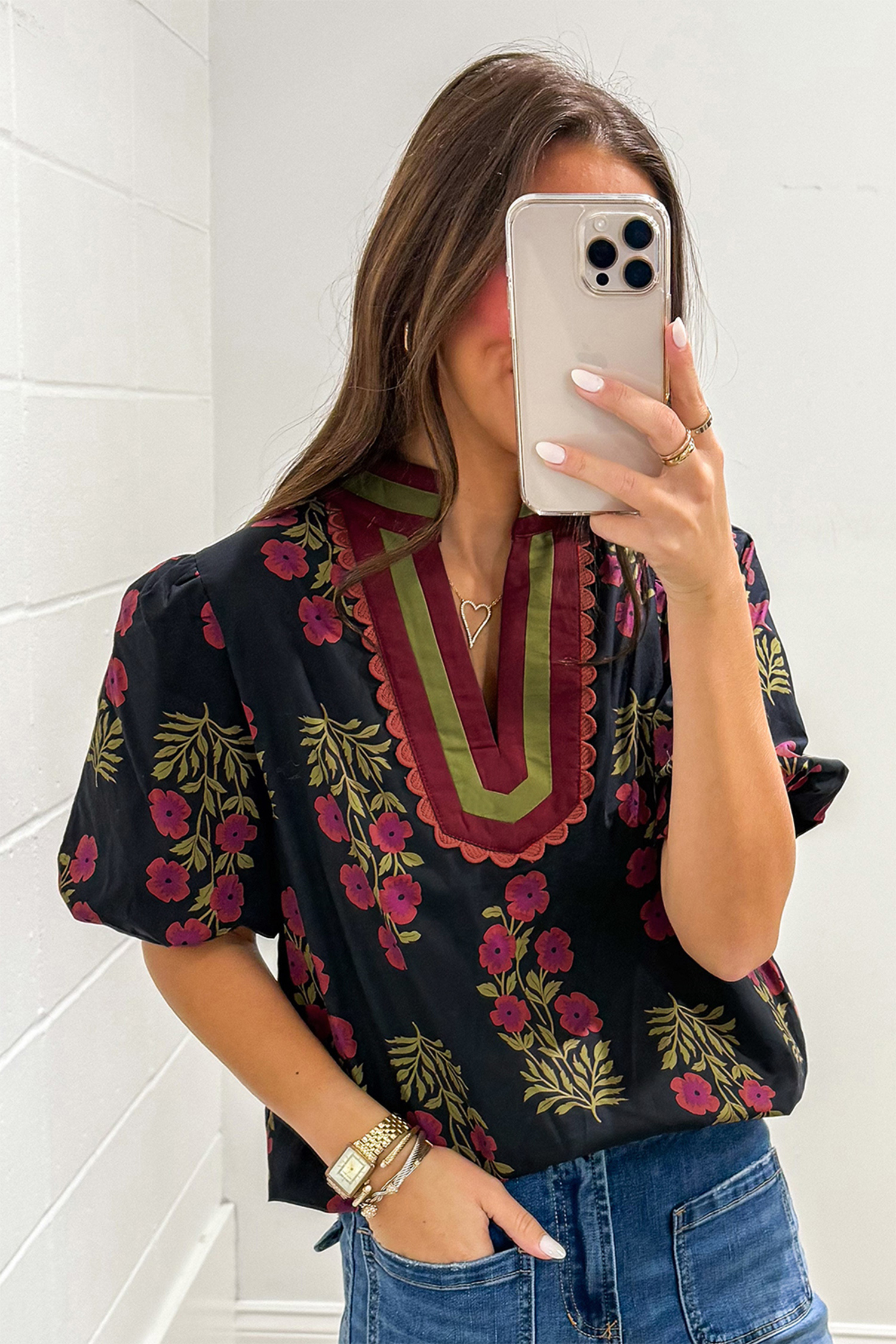 Floral Print Black Blouse for Women – Short Sleeve Shift Style with Contrast Slit Neckline - Detail View 6 Floral Print Black Blouse for Women – Short Sleeve Shift Style with Contrast Slit Neckline - Detail View 6