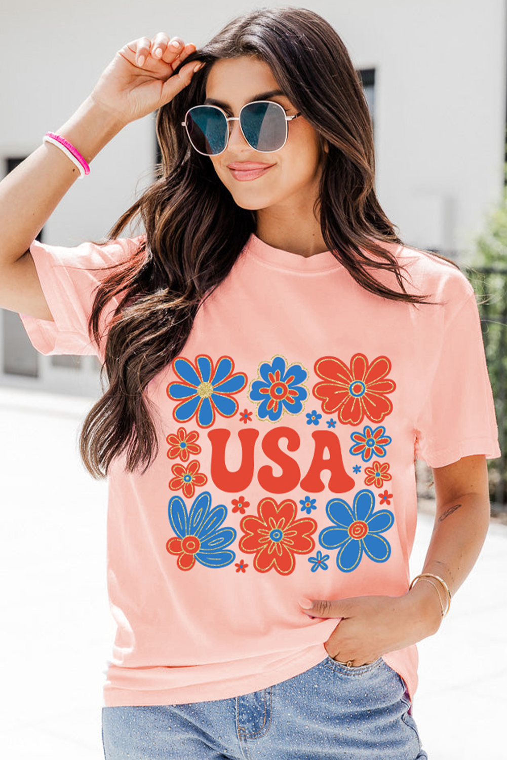 Stylish Round Neck T-Shirt: Casual Pink Top Featuring Cute Flower USA Letters - Detail View 3 Stylish Round Neck T-Shirt: Casual Pink Top Featuring Cute Flower USA Letters - Detail View 3