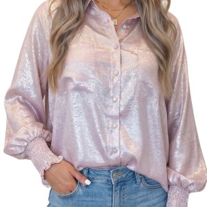 Women's Metallic Button Down Shirt, Long Sleeve Casual Blouse - Main View