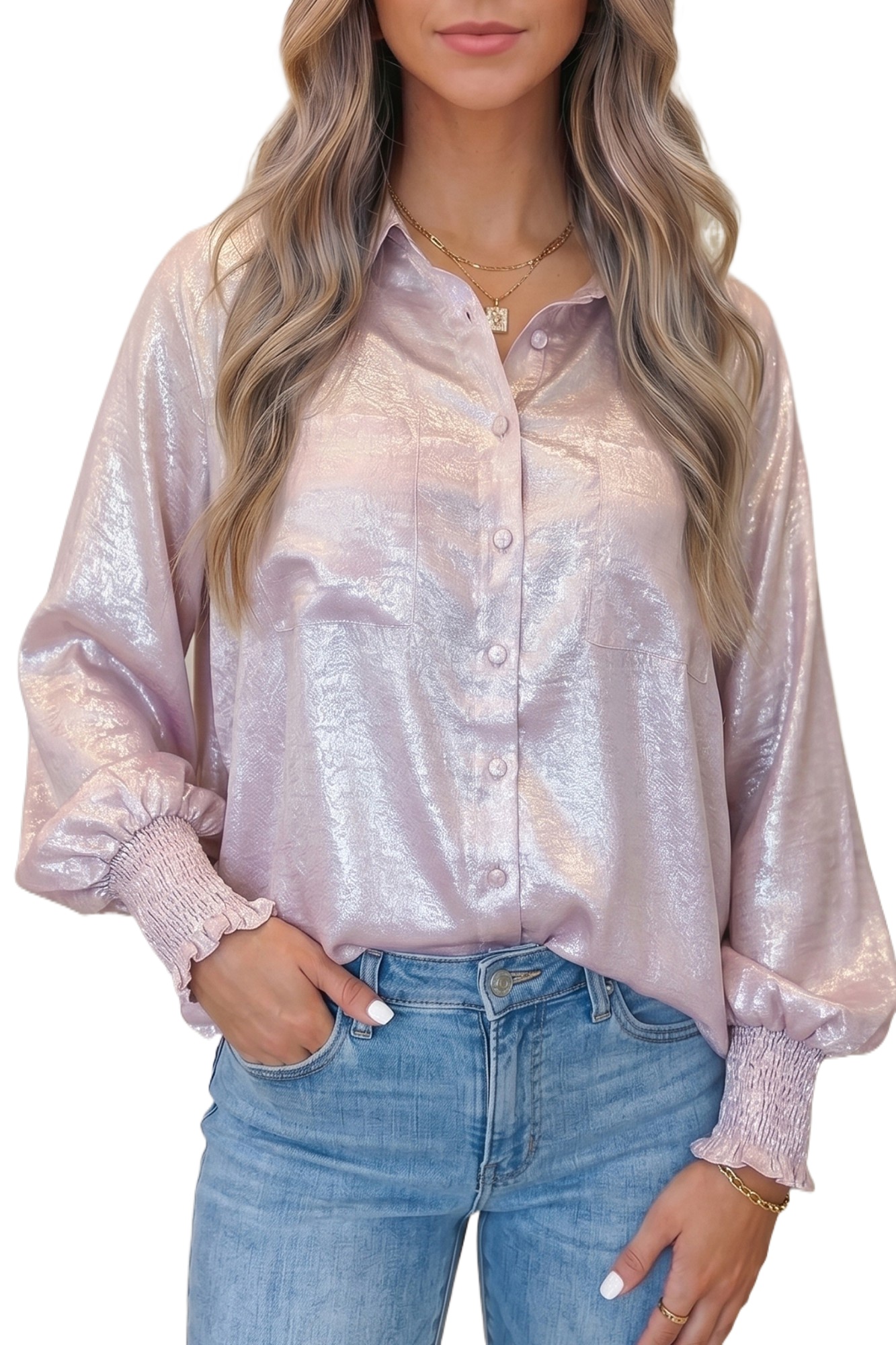 Women's Metallic Button Down Shirt, Long Sleeve Casual Blouse - Main View Women's Metallic Button Down Shirt, Long Sleeve Casual Blouse - Main View