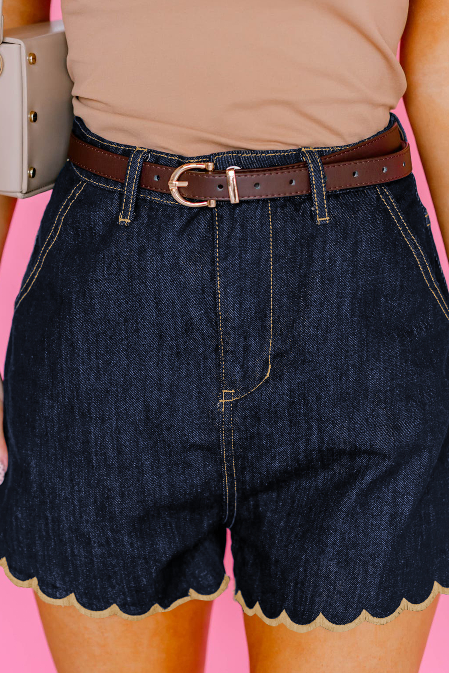 Southern Belle Denim Shorts – Embroidered Scalloped Trim, Casual Navy Blue Shift Style - Detail View 2 Southern Belle Denim Shorts – Embroidered Scalloped Trim, Casual Navy Blue Shift Style - Detail View 2