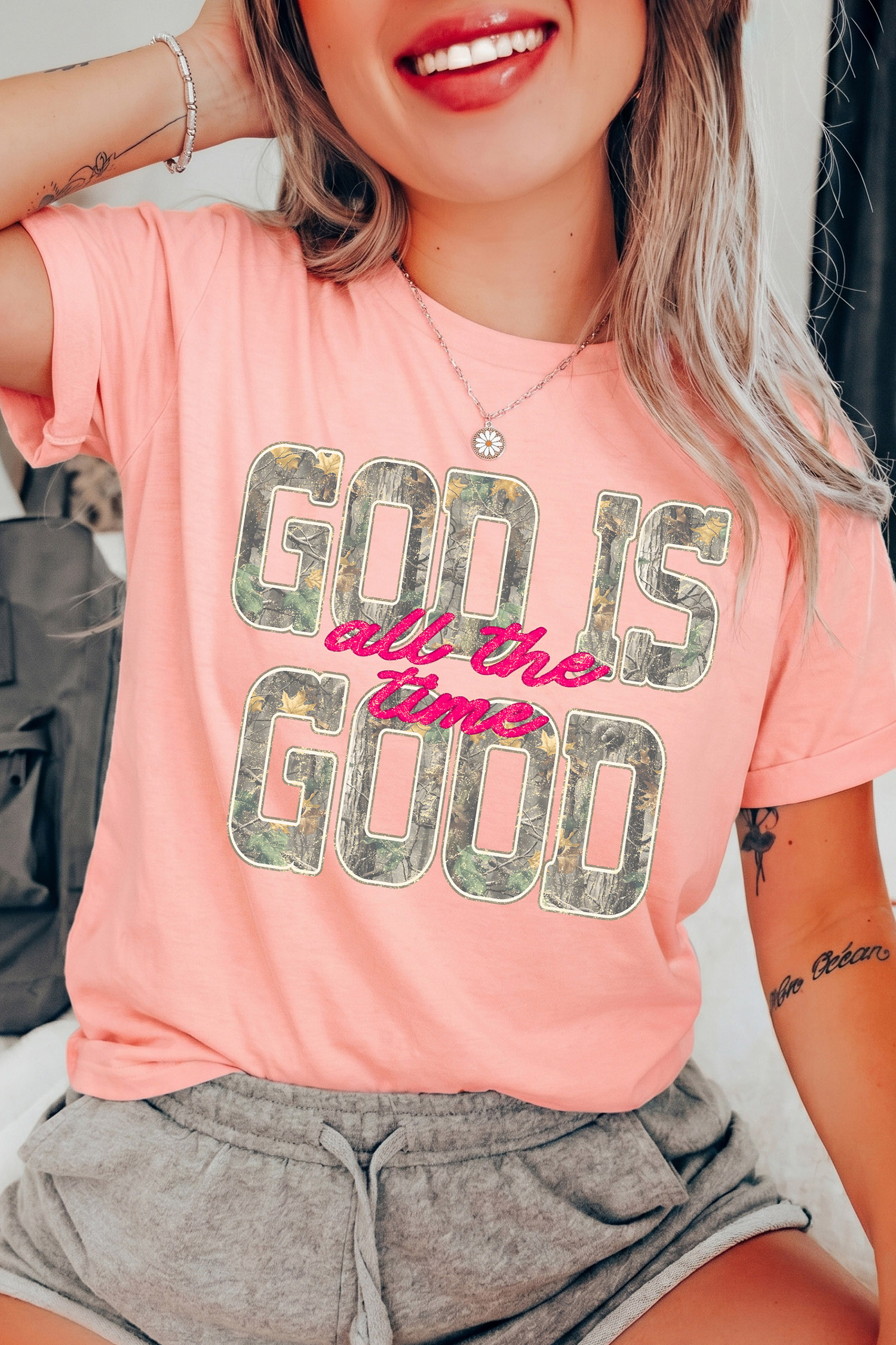Women's Soft Cotton Blend Tee, Casual Pink Faith Shirt - Detail View 6 Women's Soft Cotton Blend Tee, Casual Pink Faith Shirt - Detail View 6
