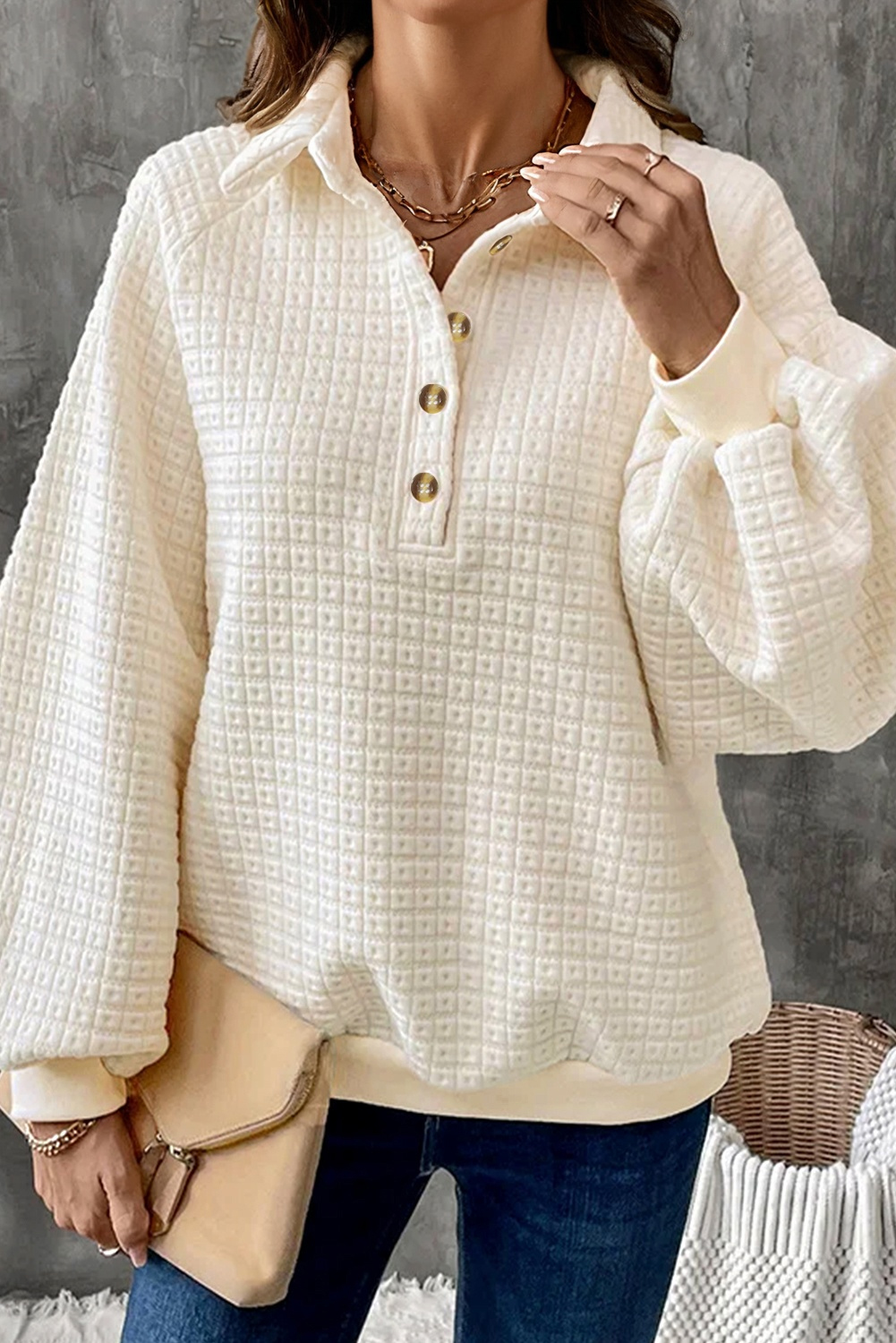 Versatile Women's Beige Solid Sweatshirt with Textured Finish – Half-Button Collar for Casual Daily Outfits - Detail View 3 Versatile Women's Beige Solid Sweatshirt with Textured Finish – Half-Button Collar for Casual Daily Outfits - Detail View 3