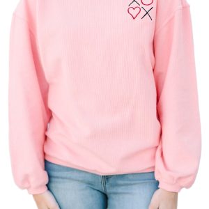 Women’s Pink 3D Ribbed XOXO Heart Sweatshirt – Casual Embroidered Drop Shoulder Design - Main View
