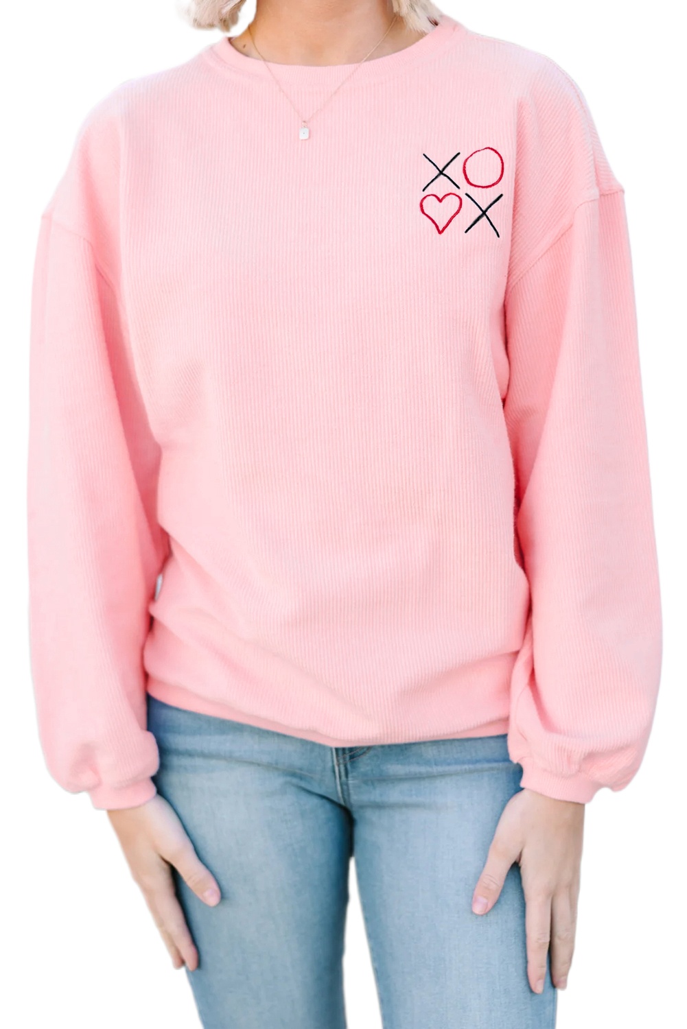 Women’s Pink 3D Ribbed XOXO Heart Sweatshirt – Casual Embroidered Drop Shoulder Design - Main View Women’s Pink 3D Ribbed XOXO Heart Sweatshirt – Casual Embroidered Drop Shoulder Design - Main View