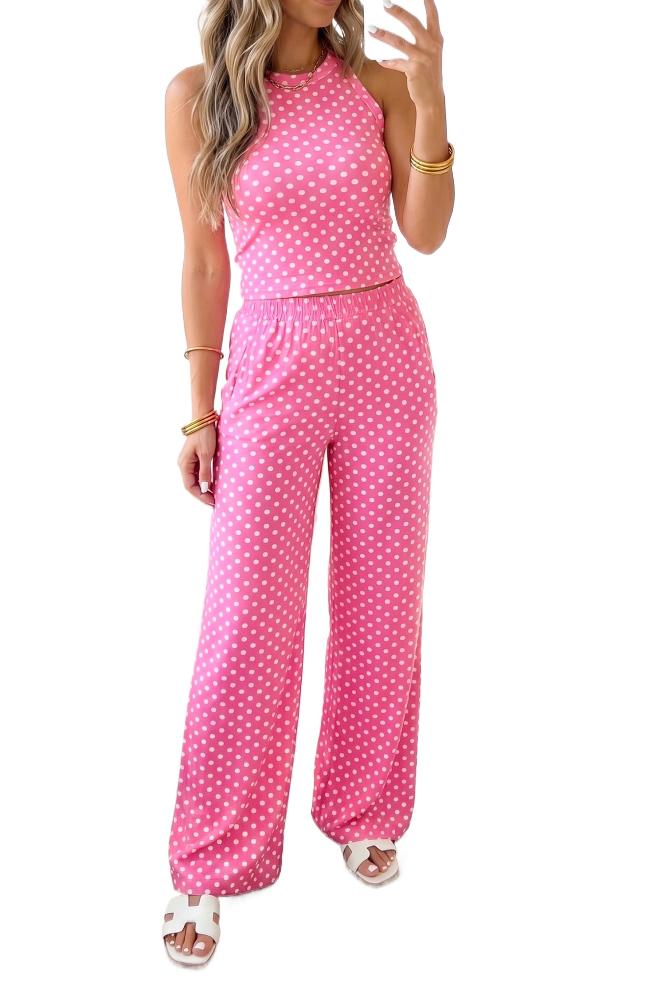 Women's Pink Polka Dot 2-Piece Set – Casual Summer Outfit - Main View Women's Pink Polka Dot 2-Piece Set – Casual Summer Outfit - Main View