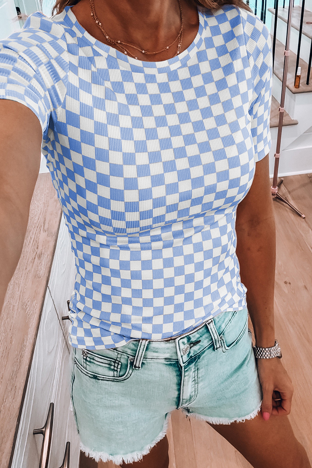 Women's Sky Blue Geometric Pattern Ribbed T-Shirt – Ideal for Daily Wear and Relaxed Outings - Detail View 2 Women's Sky Blue Geometric Pattern Ribbed T-Shirt – Ideal for Daily Wear and Relaxed Outings - Detail View 2