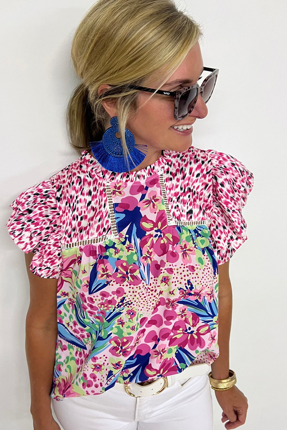 Women's Pink Floral Mixed Print Ruffle Cap Sleeve Blouse for Stylish Summer Wear - Detail View 9 Women's Pink Floral Mixed Print Ruffle Cap Sleeve Blouse for Stylish Summer Wear - Detail View 9