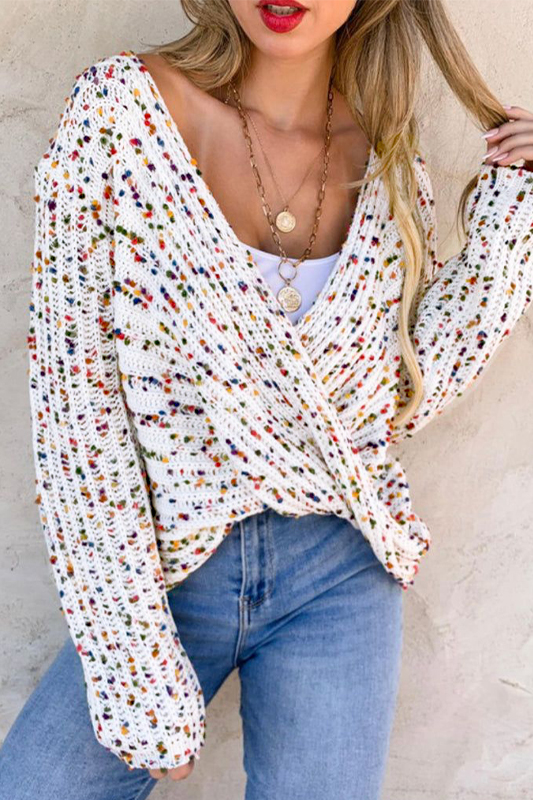 Women's Sweater, White Confetti, Reversible Design, Twist Detail, Long Sleeve, Casual Style, Knit Sweater, Fall Fashion, Daily Wear, Stylish Layering, Multicolor Pattern, Comfortable, Shift Silhouette - Detail View 4 Women's Sweater, White Confetti, Reversible Design, Twist Detail, Long Sleeve, Casual Style, Knit Sweater, Fall Fashion, Daily Wear, Stylish Layering, Multicolor Pattern, Comfortable, Shift Silhouette - Detail View 4