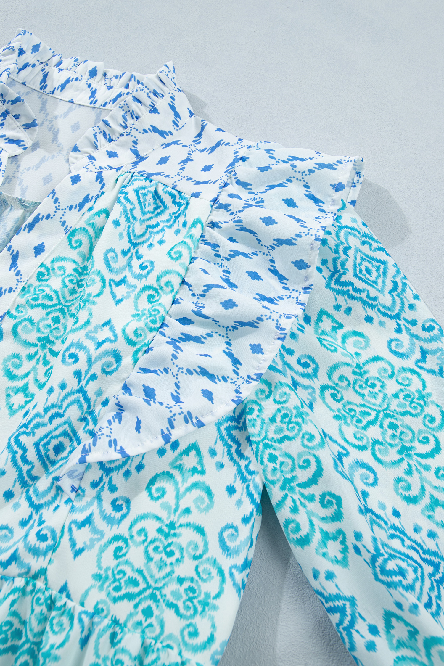 Women's Sky Blue Boho Mini Dress – Floral Patchwork Ruffle - Detail View 10 Women's Sky Blue Boho Mini Dress – Floral Patchwork Ruffle - Detail View 10