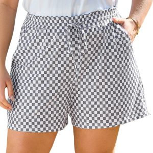 Women's Plus Size Gray Checkerboard Lace-Up High Waist Casual Shorts - Main View