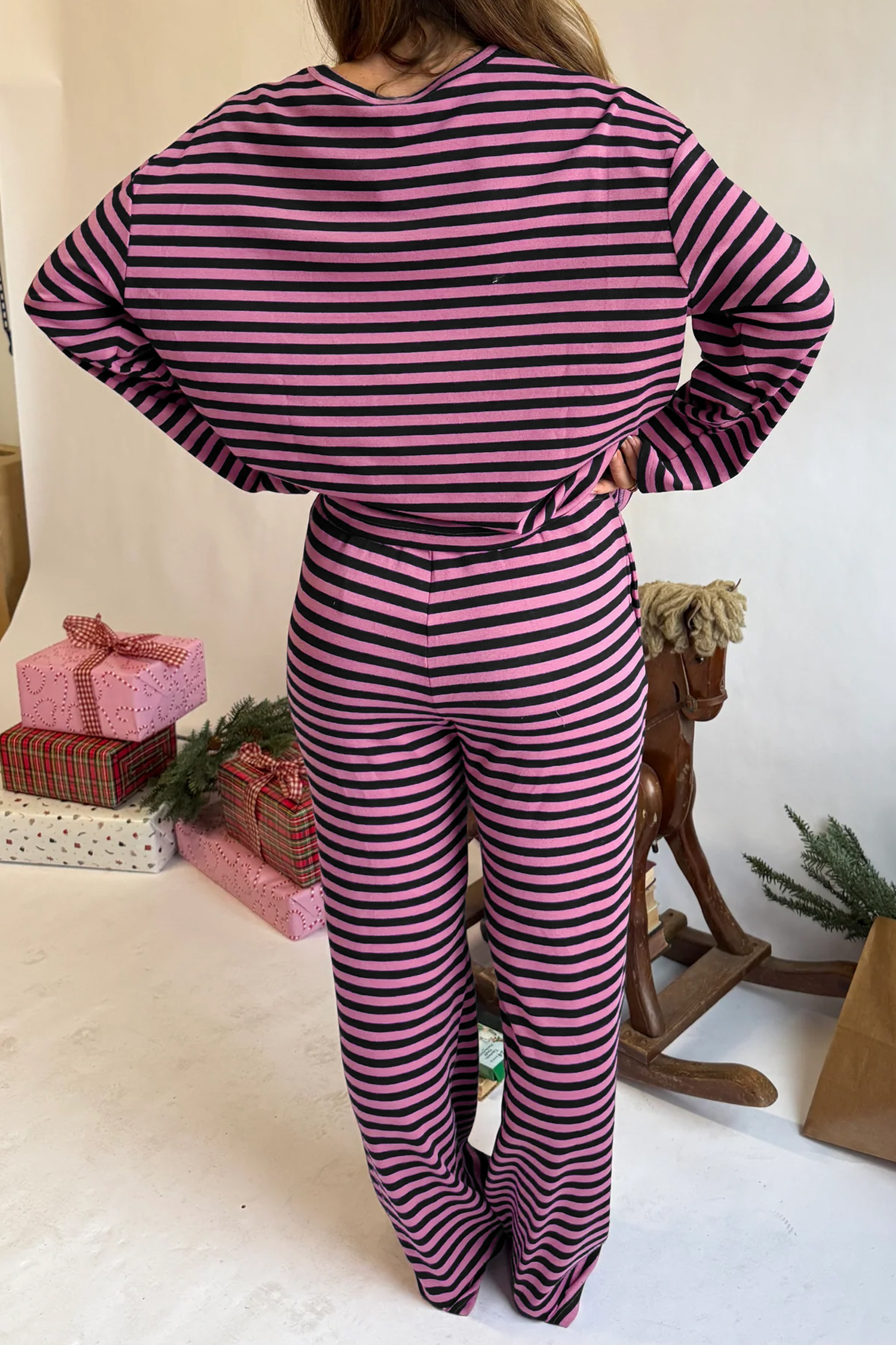 Pink Striped Women's Pajama Set, Long Sleeve Lounge - Detail View 2 Pink Striped Women's Pajama Set, Long Sleeve Lounge - Detail View 2