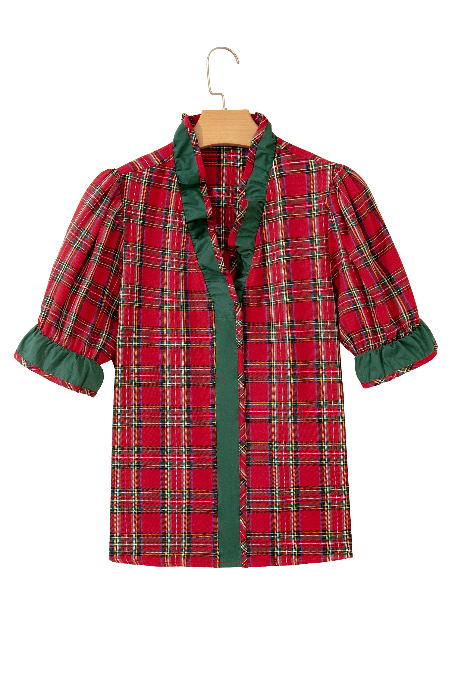 Holiday Plaid Button Up Shirt, Women's Ruffle Trim Top - Detail View 5 Holiday Plaid Button Up Shirt, Women's Ruffle Trim Top - Detail View 5