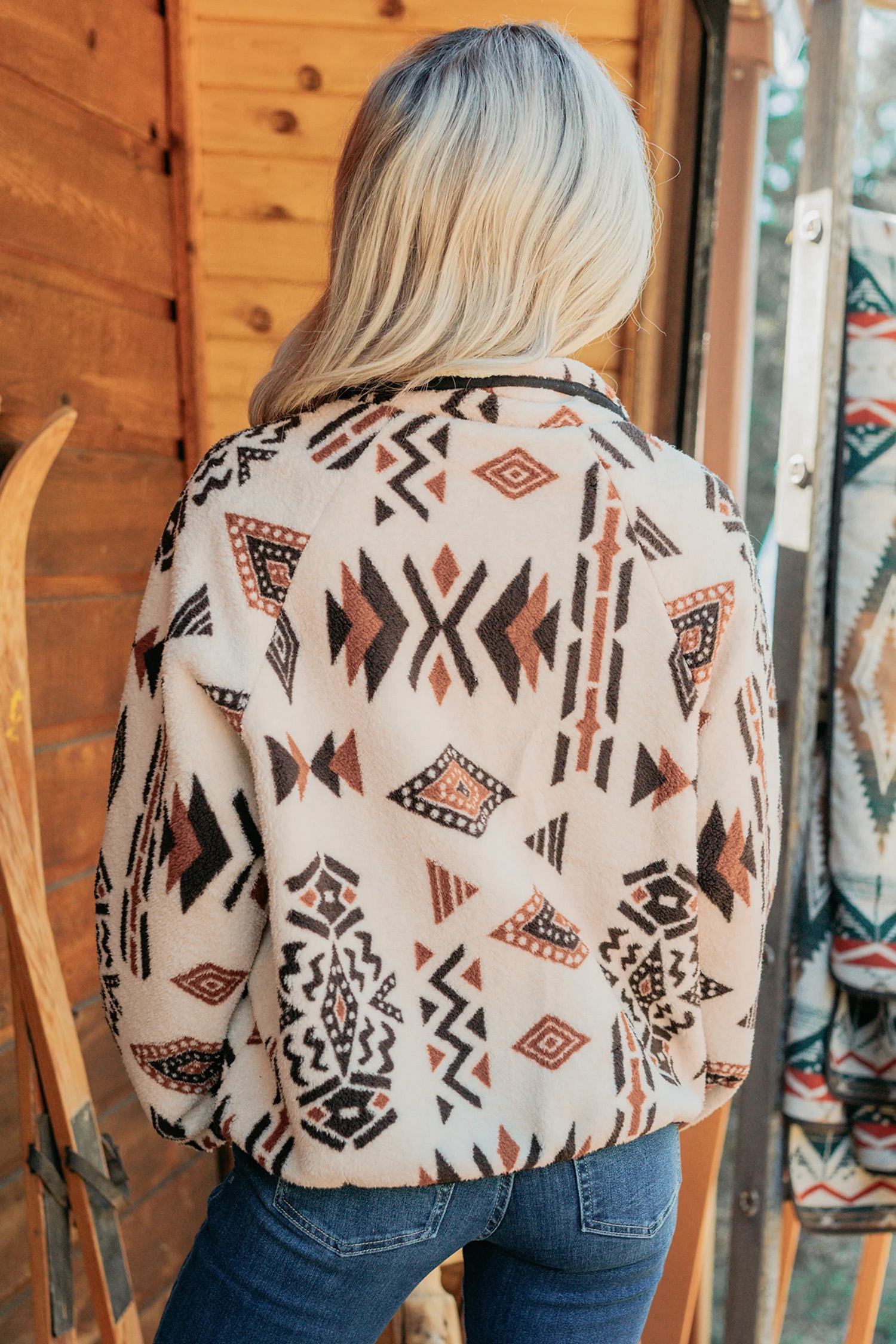 Western Print Sherpa Jacket, Beige Long Sleeve Zip Up Top - Detail View 2 Western Print Sherpa Jacket, Beige Long Sleeve Zip Up Top - Detail View 2