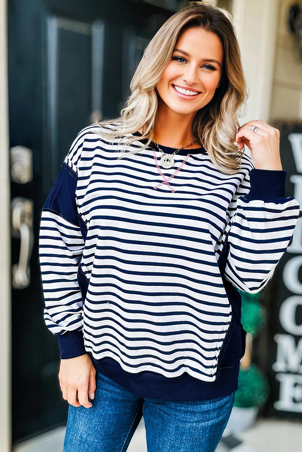 Plus Size Women's Striped Patchwork Sweatshirt with Contrast Stitching – Relaxed Fit for Fall Layering - Detail View 2 Plus Size Women's Striped Patchwork Sweatshirt with Contrast Stitching – Relaxed Fit for Fall Layering - Detail View 2