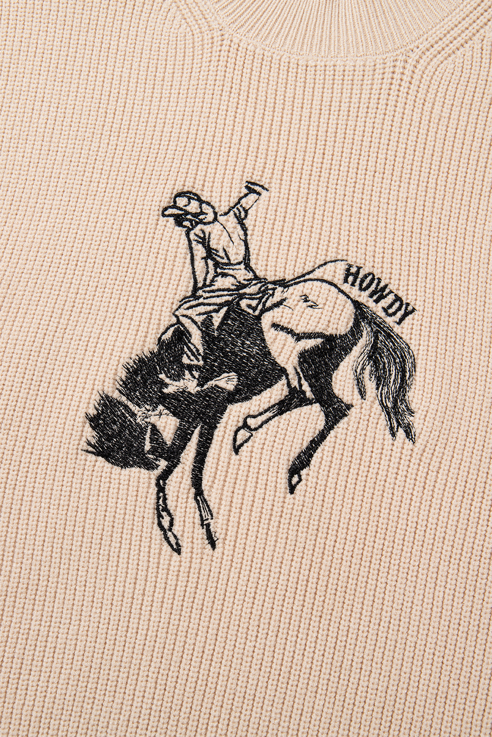 Women's Oatmeal HOWDY Rodeo Cowboy Graphic High Neck Short Sleeve Sweater - Detail View 9 Women's Oatmeal HOWDY Rodeo Cowboy Graphic High Neck Short Sleeve Sweater - Detail View 9