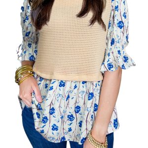 Women's Beige Waffle Floral Patchwork Peplum Blouse with Flounce Sleeves - Main View