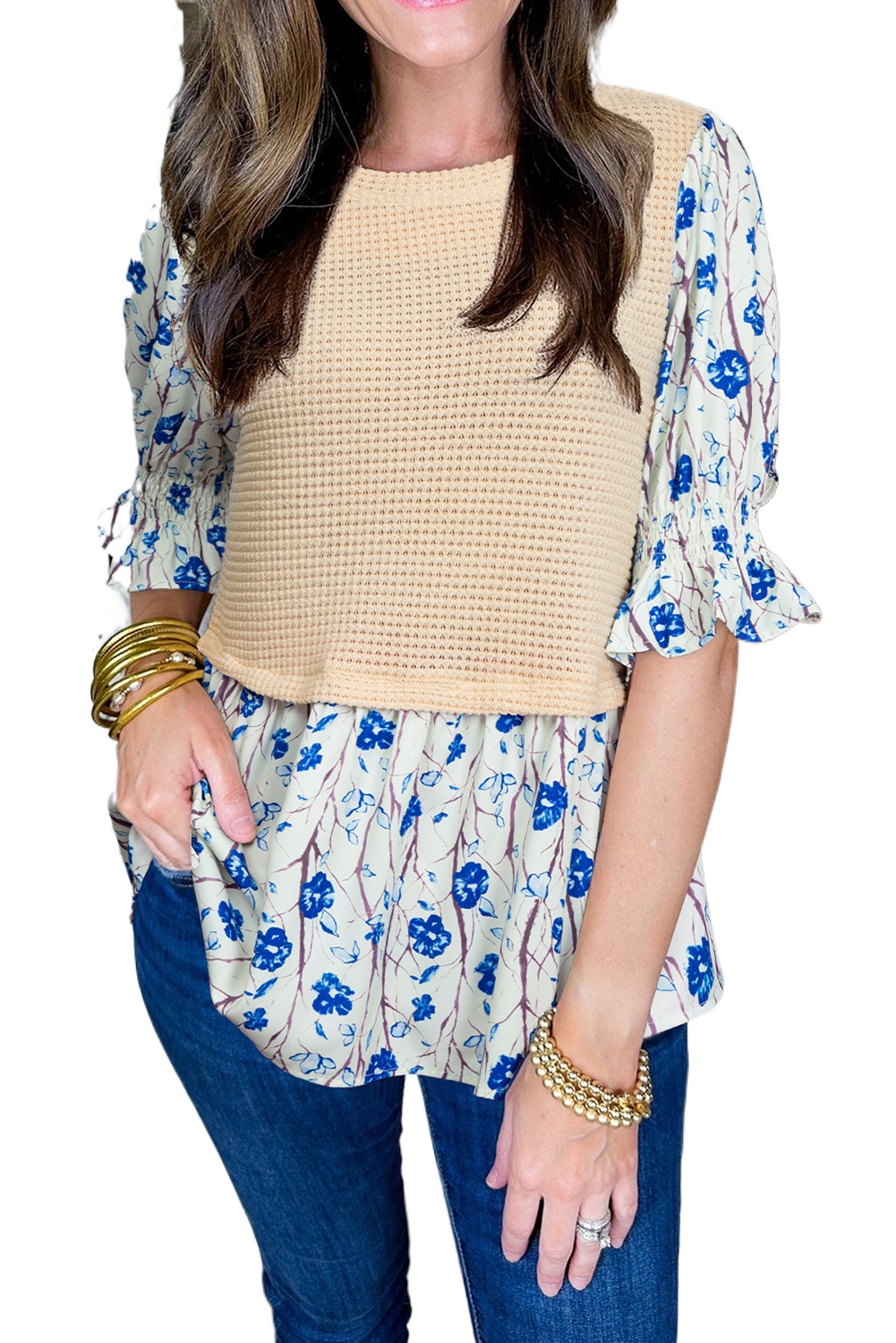 Women's Beige Waffle Floral Patchwork Peplum Blouse with Flounce Sleeves - Main View Women's Beige Waffle Floral Patchwork Peplum Blouse with Flounce Sleeves - Main View