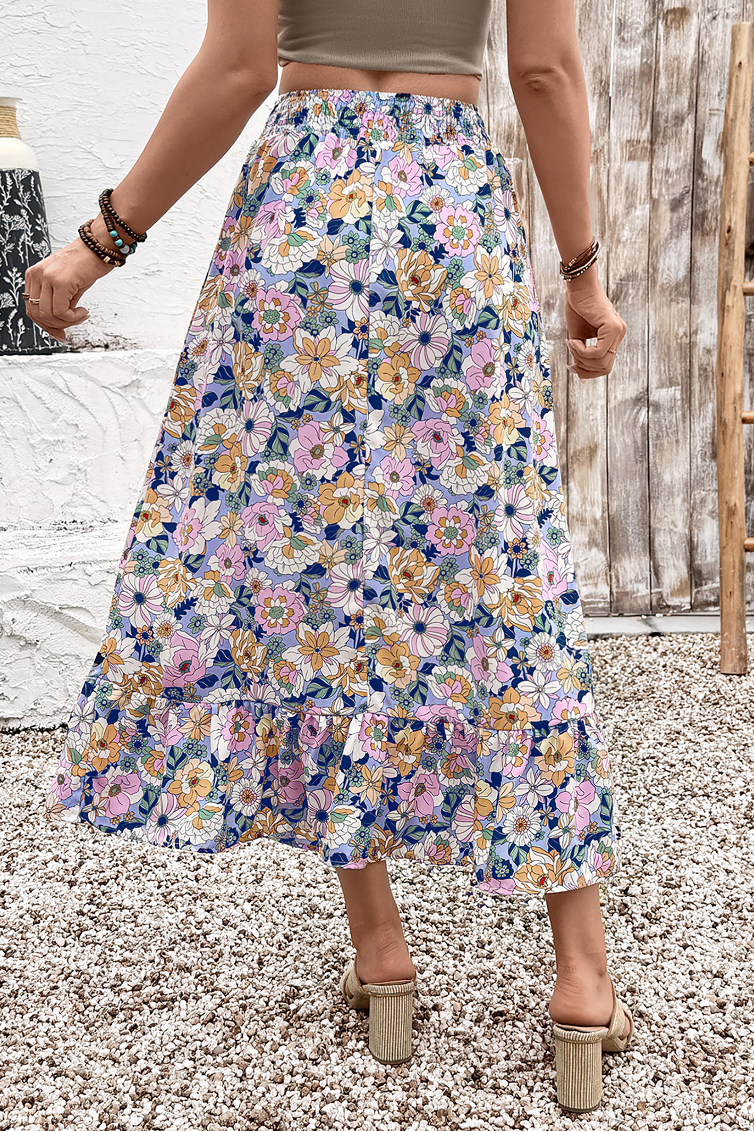 Casual Pink Floral Print Long Skirt – High Waist Shift Silhouette with Ruffle Hem for Daily Wear - Detail View 5 Casual Pink Floral Print Long Skirt – High Waist Shift Silhouette with Ruffle Hem for Daily Wear - Detail View 5