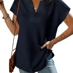 Women's Navy Blue Textured V Neck Collared Short Sleeve Top - Casual Summer Wear - Main View
