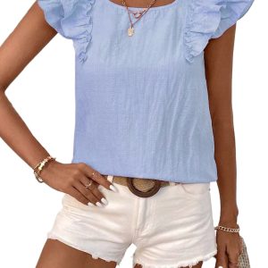 Elegant Beau Blue Textured Bow Knot Frilled Butterfly Sleeve Blouse for Women - Main View