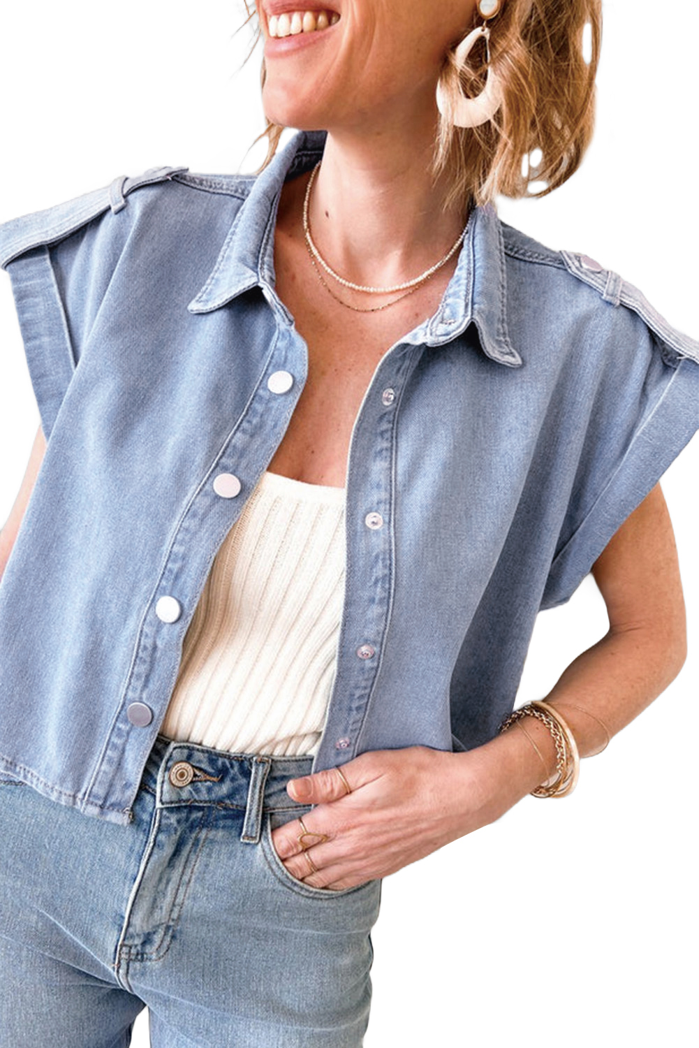 Women's Shirt, Dusk Blue, Denim Fabric, Pinup Style, Folded Cap Sleeves, Casual Wear, Cropped Length, Boxy Fit, Solid Color, Daily Wear, Summer Fashion, Tops, Blouses & Shirts - Detail View 24 Women's Shirt, Dusk Blue, Denim Fabric, Pinup Style, Folded Cap Sleeves, Casual Wear, Cropped Length, Boxy Fit, Solid Color, Daily Wear, Summer Fashion, Tops, Blouses & Shirts - Detail View 24