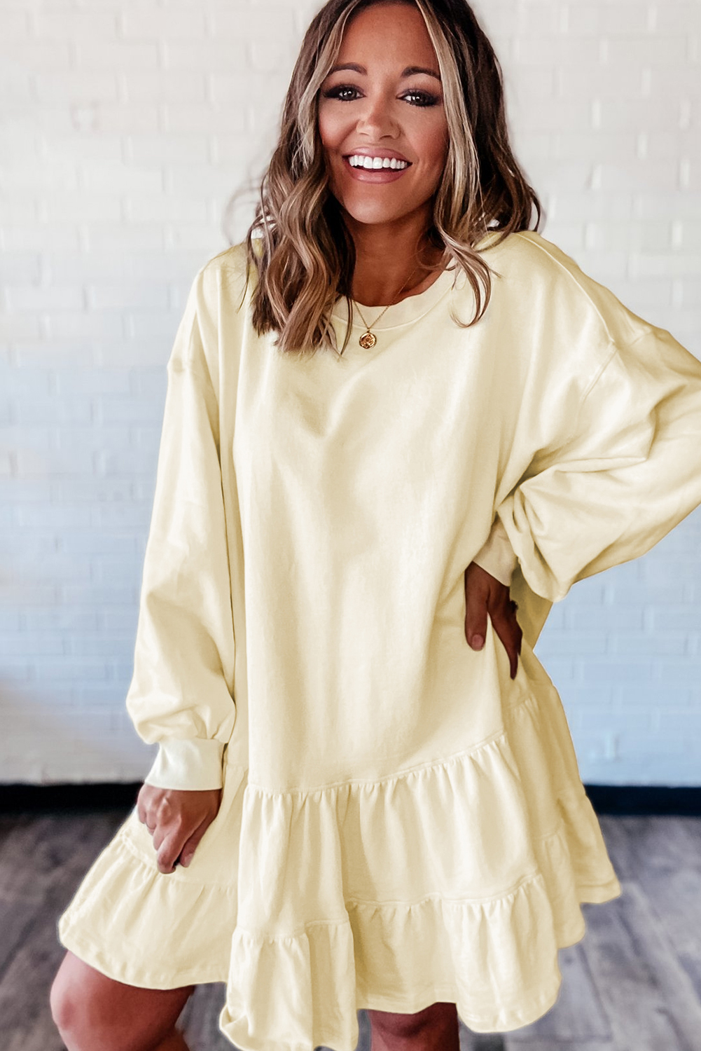 Chic H-Line Silhouette Solid Color Mini Dress for Autumn - Round Neck and Loose Fit - Detail View 3 Chic H-Line Silhouette Solid Color Mini Dress for Autumn - Round Neck and Loose Fit - Detail View 3