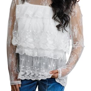 Women's White Sheer Floral Lace Ruffle Blouse – Elegant Layered Design for Spring Nights - Main View