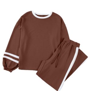 Women's Chestnut Striped Patchwork Puff Sleeve Pullover Set - Main View