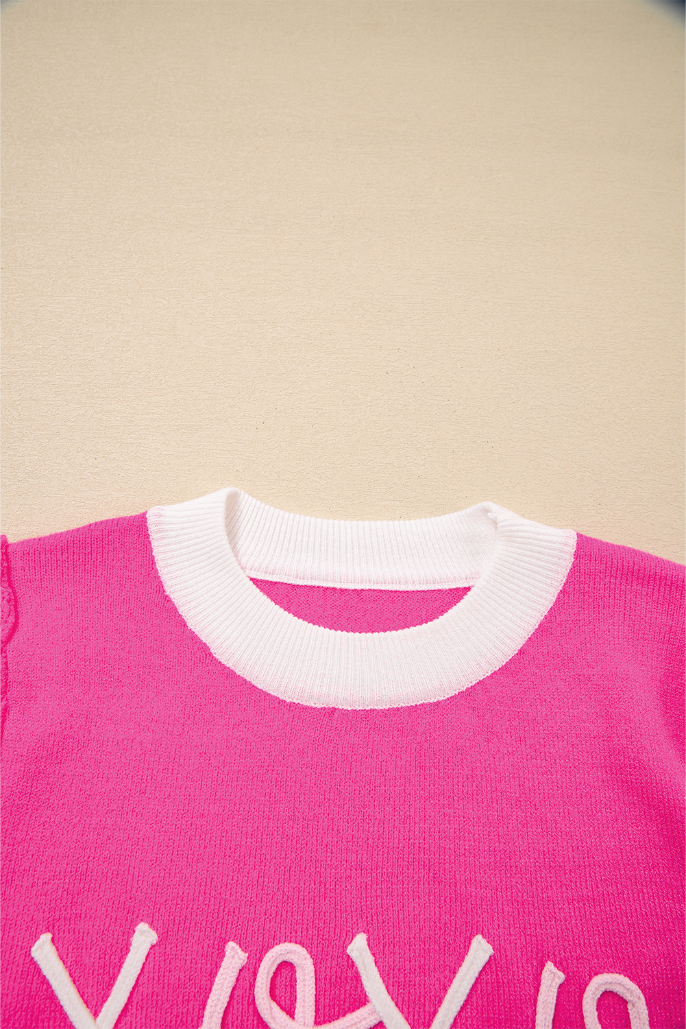 Valentine's Pink Contrast Trim Puff Sleeve Sweater for Women - Detail View 8 Valentine's Pink Contrast Trim Puff Sleeve Sweater for Women - Detail View 8