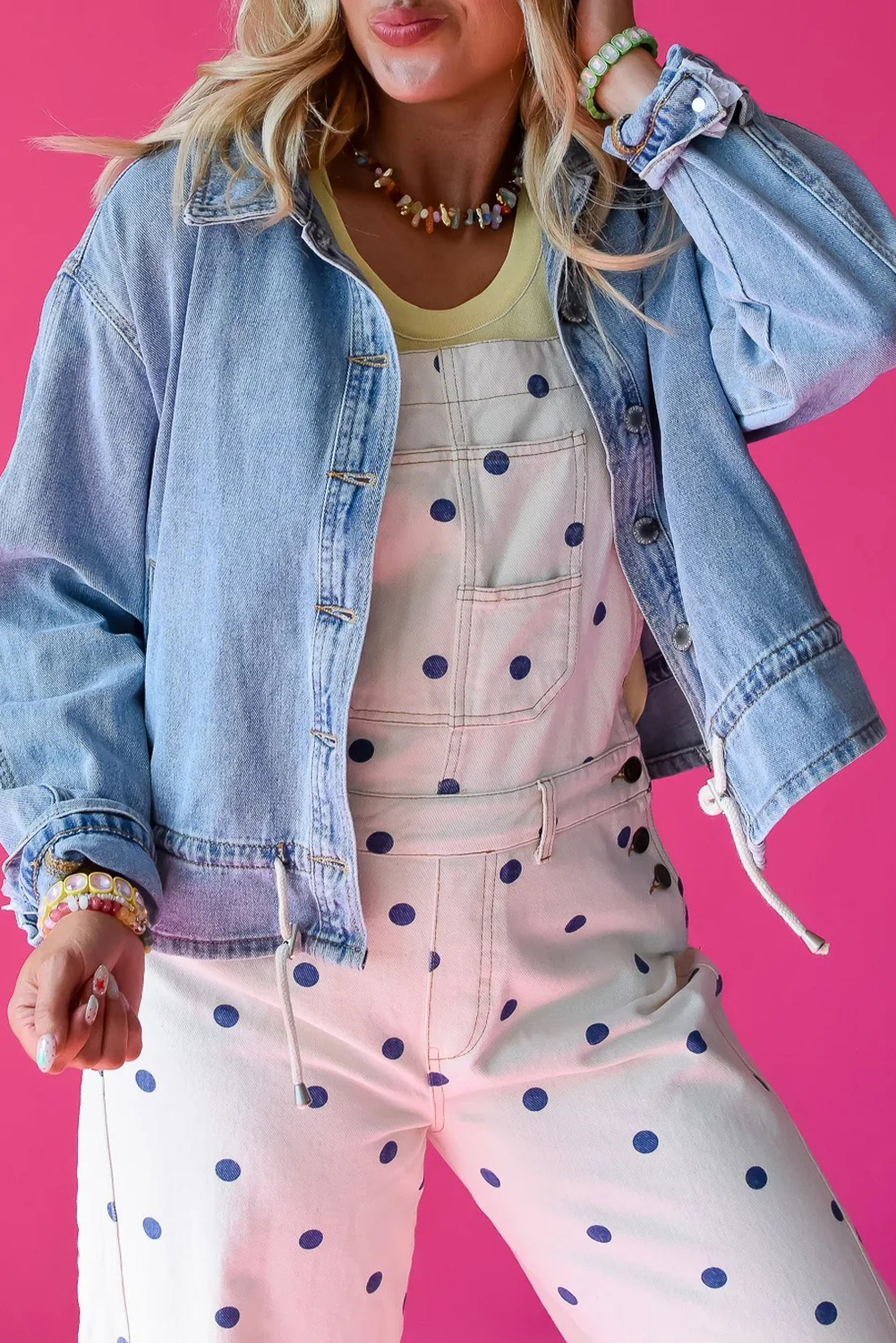 Chic Light Wash Denim Jacket for Women – Beau Blue Draw-Cord Hem Casual Layering Piece - Detail View 5 Chic Light Wash Denim Jacket for Women – Beau Blue Draw-Cord Hem Casual Layering Piece - Detail View 5