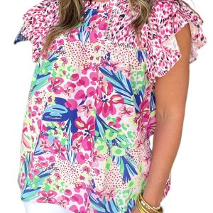 Women's Pink Floral Mixed Print Ruffle Cap Sleeve Blouse for Stylish Summer Wear - Main View