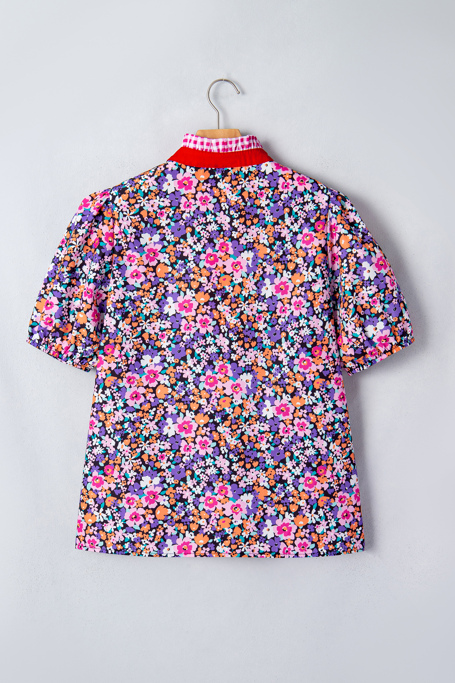 Women's Plaid Trim Floral Blouse – Casual Summer Top - Detail View 5 Women's Plaid Trim Floral Blouse – Casual Summer Top - Detail View 5
