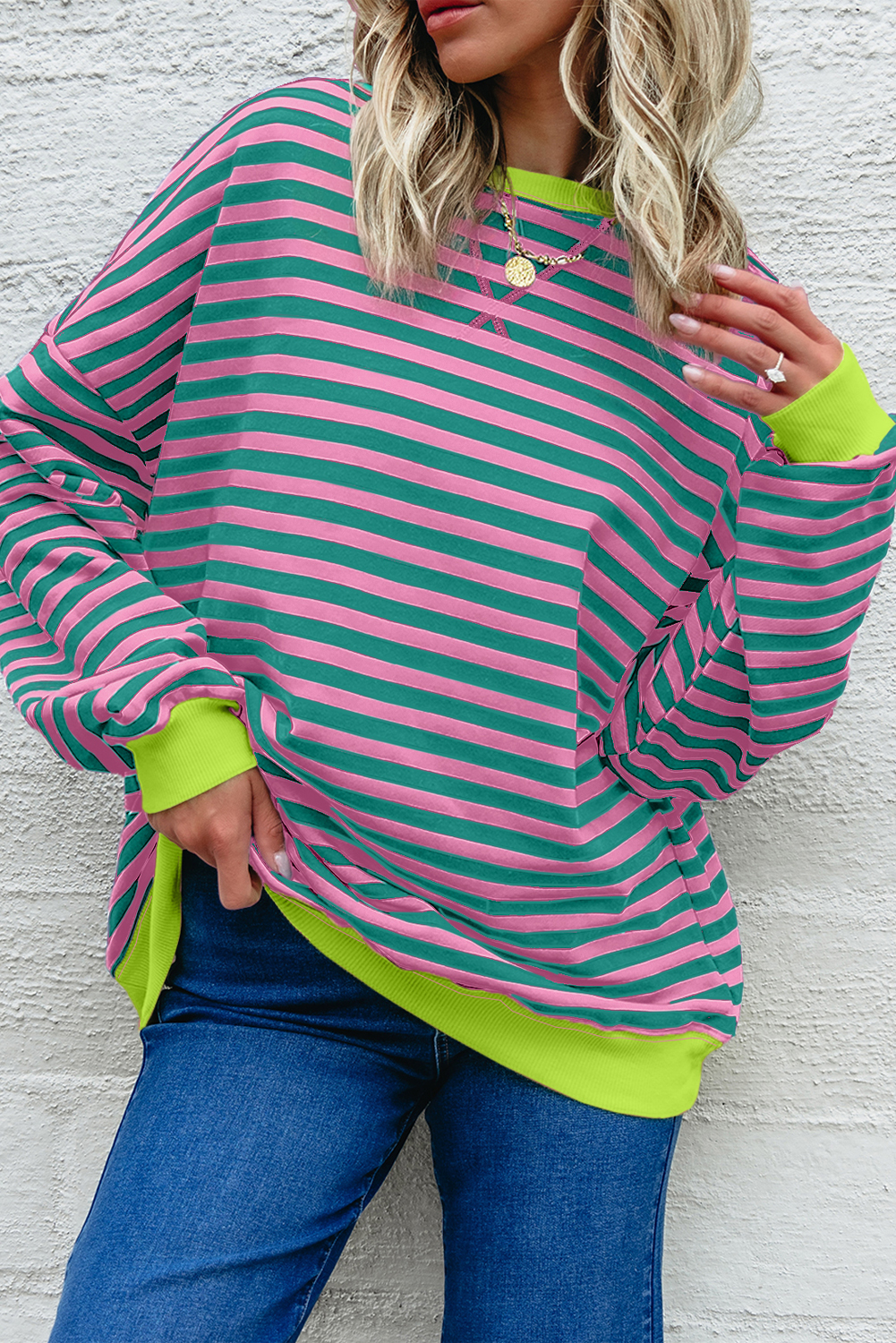 Women's Sweatshirt, Rose Stripe, Contrast Ribbed Trim, Drop Shoulder, Casual Style, Long Sleeve, Fall Fashion, Oversized Fit, Comfortable, Daily Wear, Cotton Blend, Timeless Design, Colorblock, Relaxed Fit, Casual Tops - Detail View 4 Women's Sweatshirt, Rose Stripe, Contrast Ribbed Trim, Drop Shoulder, Casual Style, Long Sleeve, Fall Fashion, Oversized Fit, Comfortable, Daily Wear, Cotton Blend, Timeless Design, Colorblock, Relaxed Fit, Casual Tops - Detail View 4