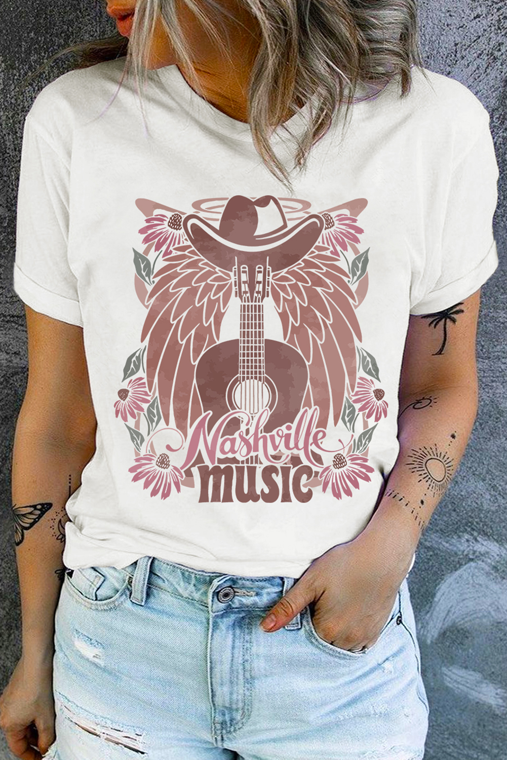 Women's Graphic Tee, White T-Shirt, Nashville Music, Cowboy Hat, Guitar Print, Casual Style, Crew Neck, Short Sleeves, Summer Wear, Music Events, Relaxed Fit, Fun Design, Tops - Detail View 4 Women's Graphic Tee, White T-Shirt, Nashville Music, Cowboy Hat, Guitar Print, Casual Style, Crew Neck, Short Sleeves, Summer Wear, Music Events, Relaxed Fit, Fun Design, Tops - Detail View 4