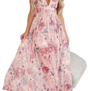 Women's Pink Floral Pleated Bust Backless Maxi Dress with Empire Waist - Main View