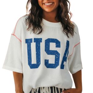 Women's USA Graphic Ribbed Top – Half Sleeve Patriotic Shift Shirt for Independence Day - Main View