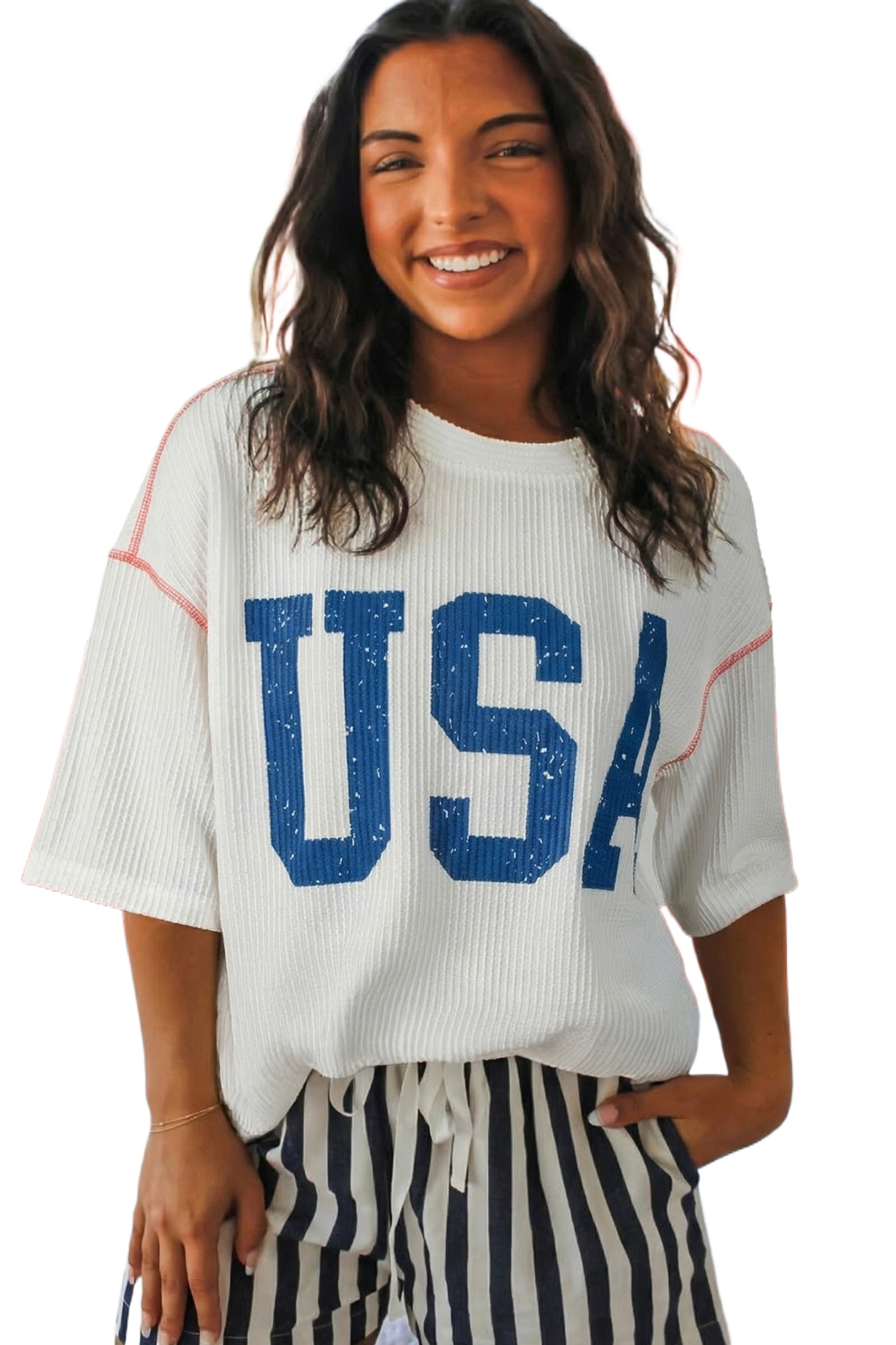 Women's USA Graphic Ribbed Top – Half Sleeve Patriotic Shift Shirt for Independence Day - Main View Women's USA Graphic Ribbed Top – Half Sleeve Patriotic Shift Shirt for Independence Day - Main View