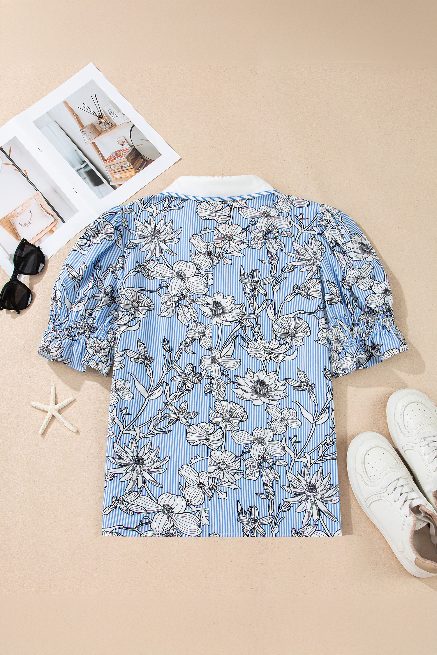 Floral Striped Printed Blouse for Women – V Neck Short Sleeve Top in Sky Blue for Daily Wear - Detail View 5 Floral Striped Printed Blouse for Women – V Neck Short Sleeve Top in Sky Blue for Daily Wear - Detail View 5
