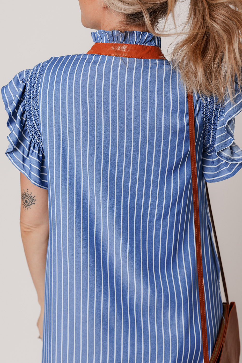 Flirty and Fun Casual Shift Dress - Sky Blue Stripe with Concealed Pockets - Detail View 7 Flirty and Fun Casual Shift Dress - Sky Blue Stripe with Concealed Pockets - Detail View 7
