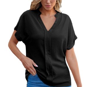 Elegant Black Notched Neck Batwing Sleeve Lightweight Blouse for Women - Main View