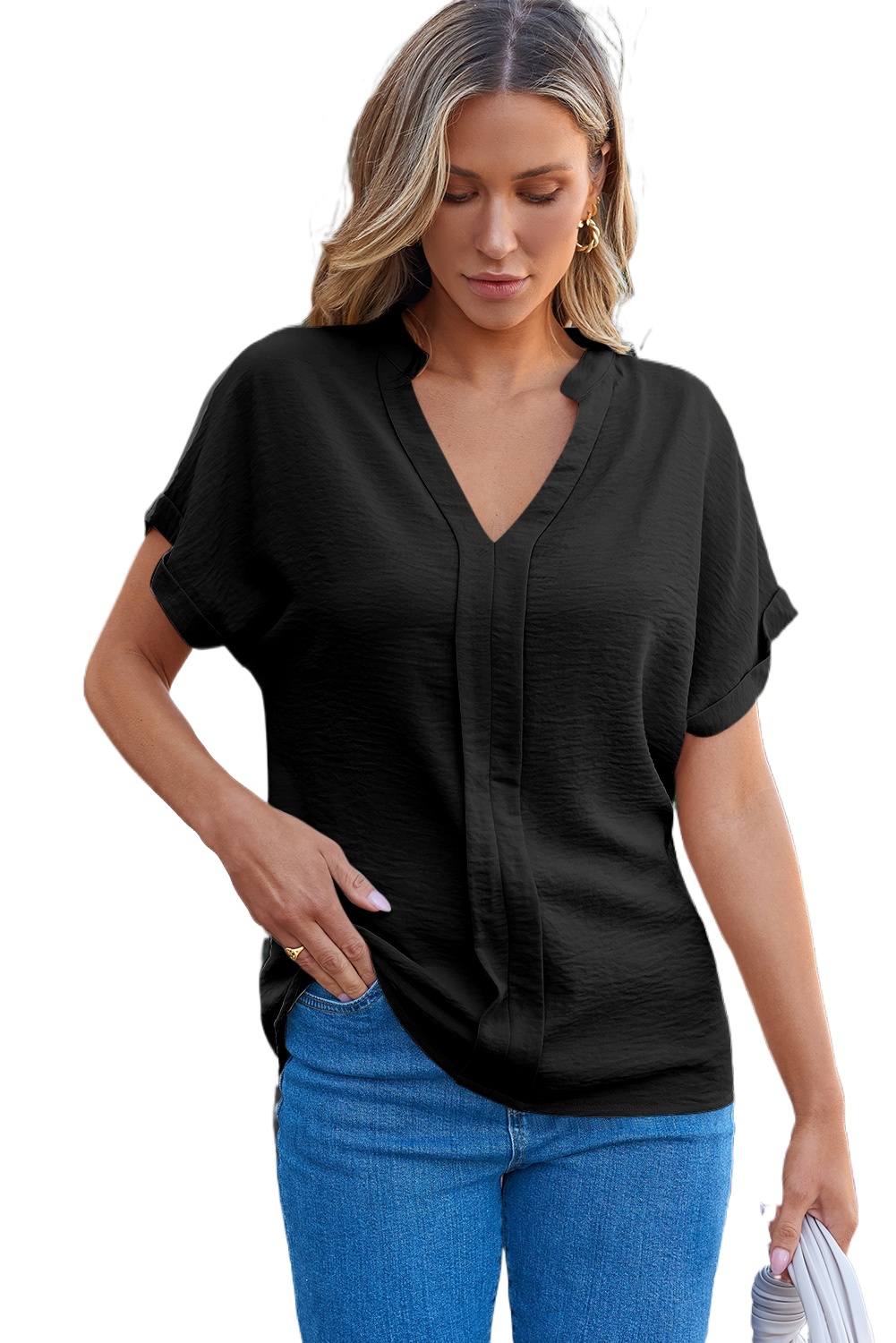 Elegant Black Notched Neck Batwing Sleeve Lightweight Blouse for Women - Main View Elegant Black Notched Neck Batwing Sleeve Lightweight Blouse for Women - Main View
