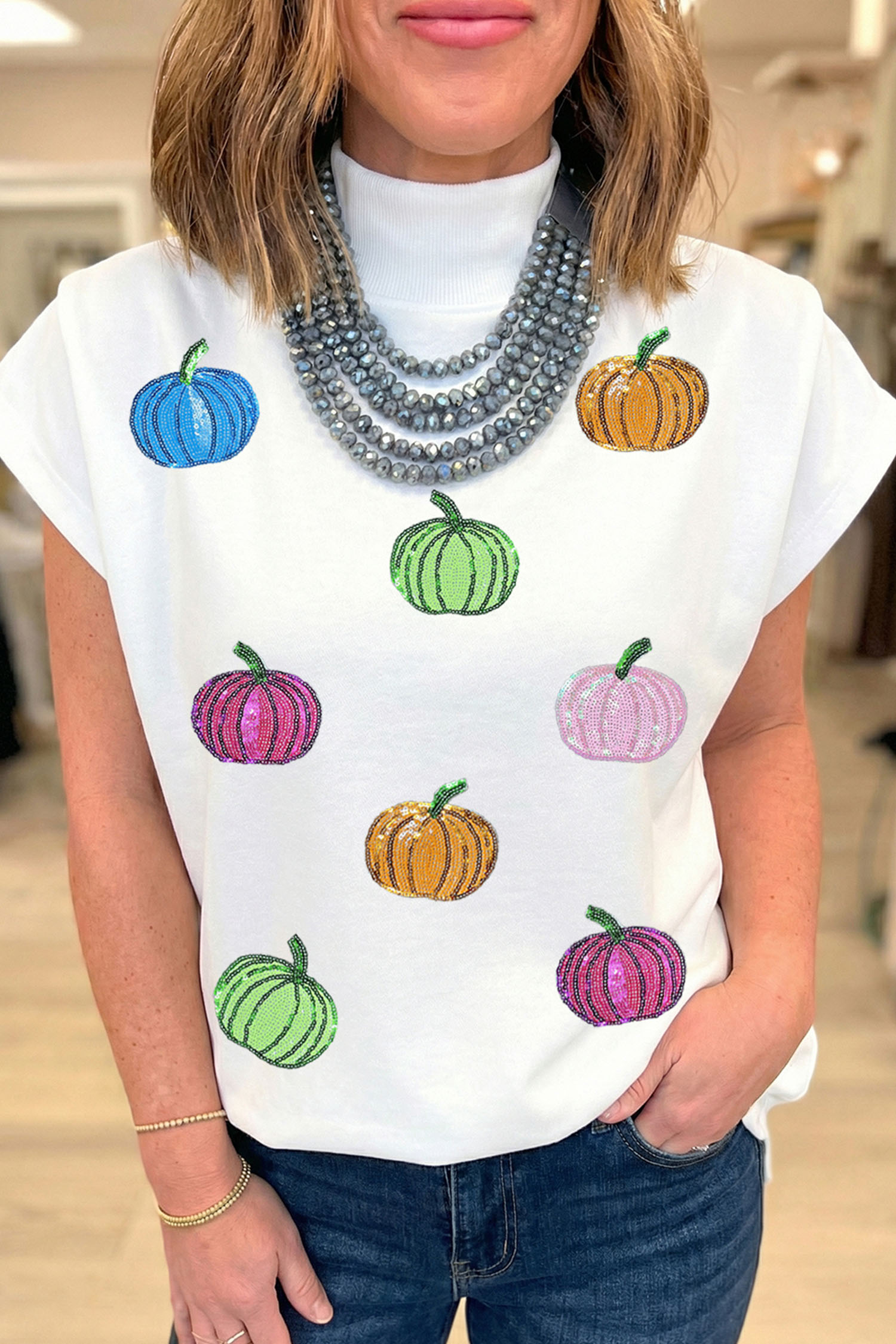 Women's Sequin Pumpkin Top, Casual Mock Neck Graphic Tee - Detail View 10 Women's Sequin Pumpkin Top, Casual Mock Neck Graphic Tee - Detail View 10