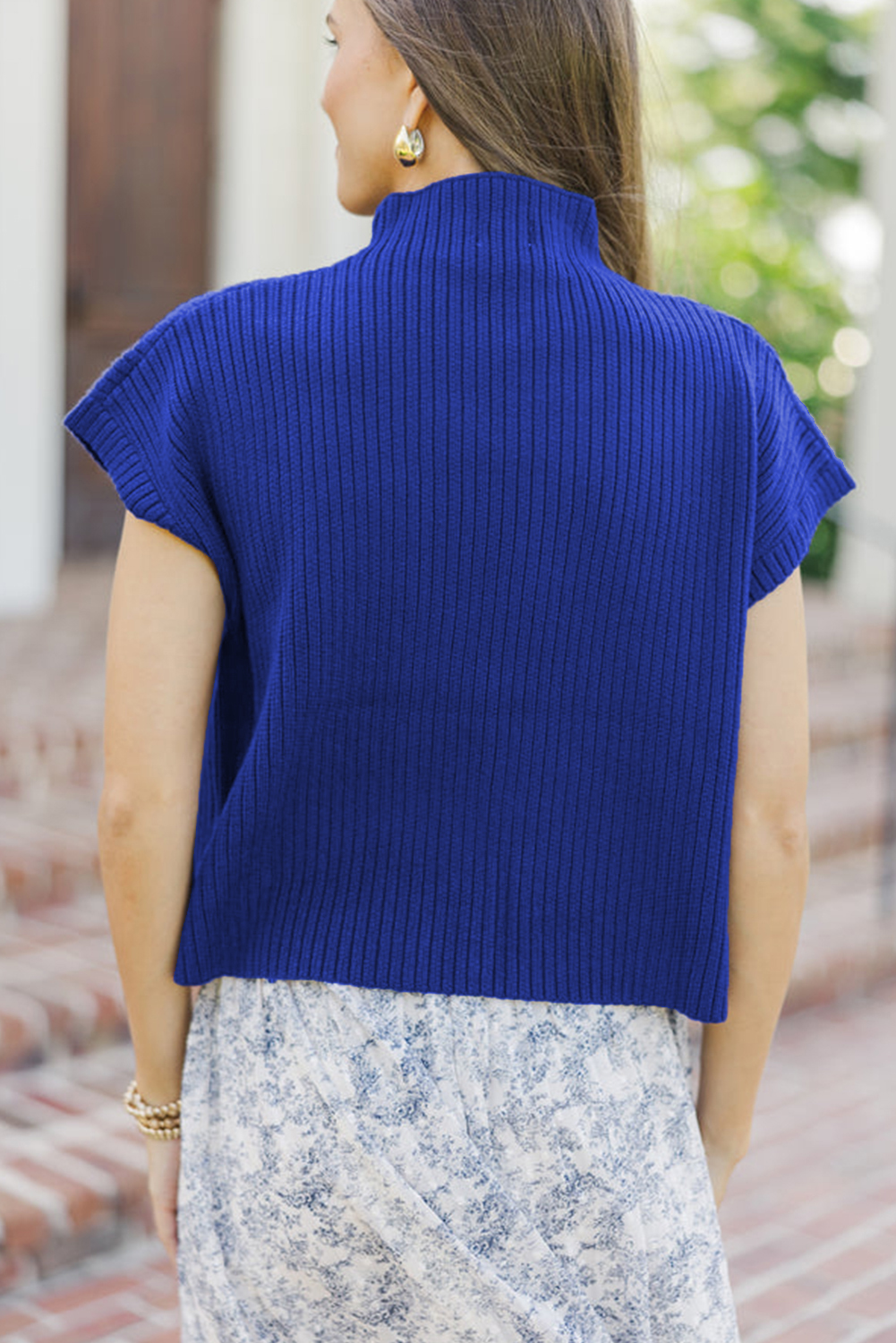 Women's Dark Blue High Neck Ribbed Knit Short Sleeve Sweater with Patch Pocket - Detail View 5 Women's Dark Blue High Neck Ribbed Knit Short Sleeve Sweater with Patch Pocket - Detail View 5